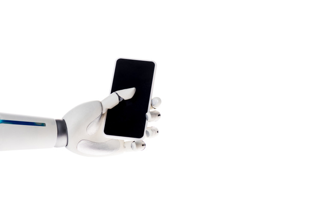 robot hand holding smartphone isolated on white - Photo, Image