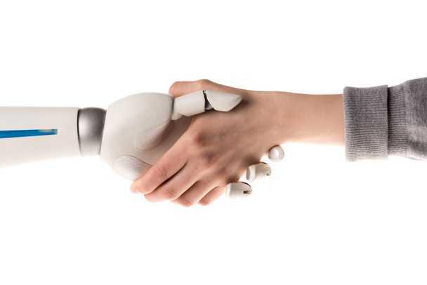 cropped image of robot and woman shaking hands isolated on white - Photo, Image