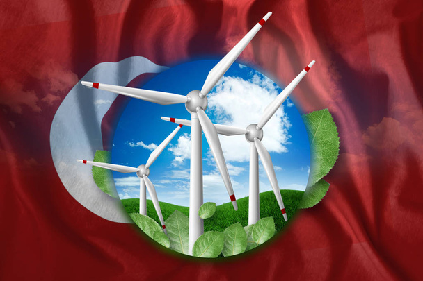 Energia livre, moinhos de vento contra o fundo da natureza e a bandeira da Turquia. O conceito de energia limpa, fontes de energia renováveis, eletricidade livre, meios mistos
. - Foto, Imagem