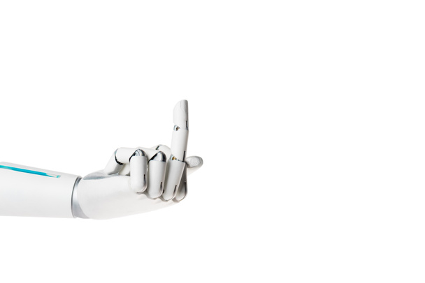 mão robô mostrando dedo médio isolado no branco
 - Foto, Imagem