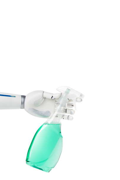 robot hand holding spray bottle for cleaning isolated on white - Photo, Image