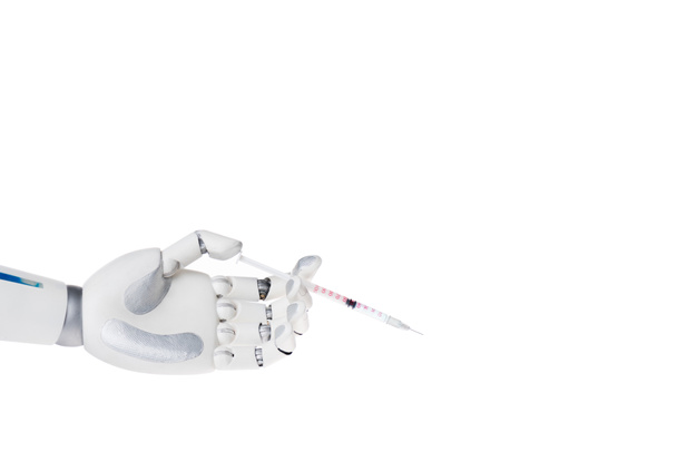 robot hand holding syringe with medicines isolated on white - Фото, изображение