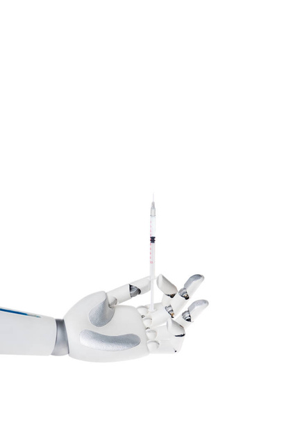 robot hand holding syringe for injection isolated on white - Foto, afbeelding