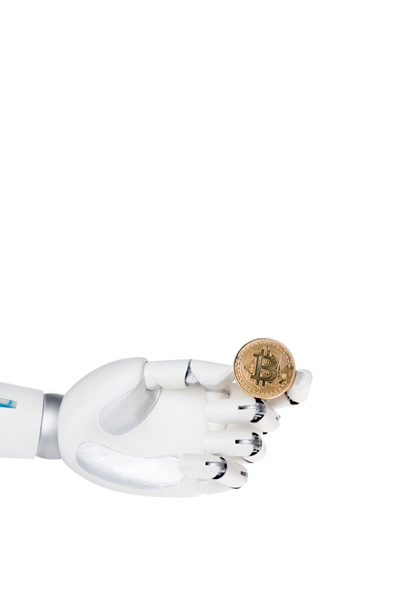 robot hand holding golden bitcoin isolated on white - Fotoğraf, Görsel