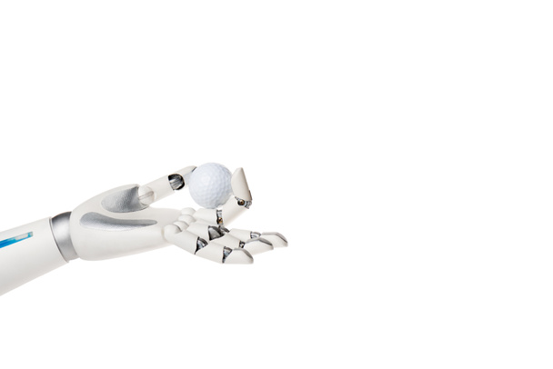 cropped shot of robot holding golf ball isolated on white - Foto, Imagem