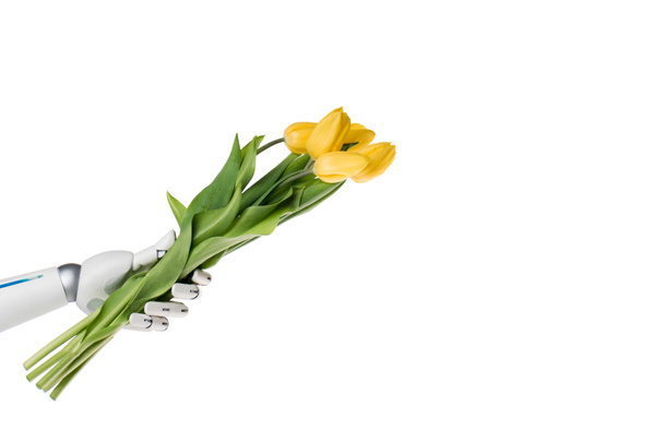 cropped shot of robot presenting bouquet of yellow tulips isolated on white - Fotografie, Obrázek