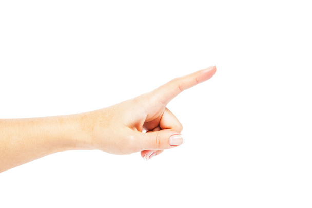 Женская рука нажмите кнопку на белом фоне
 - Фото, изображение