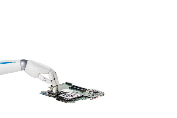 白で隔離コンピューター回路基板に触れるロボットのクロップ撮影 - 写真・画像