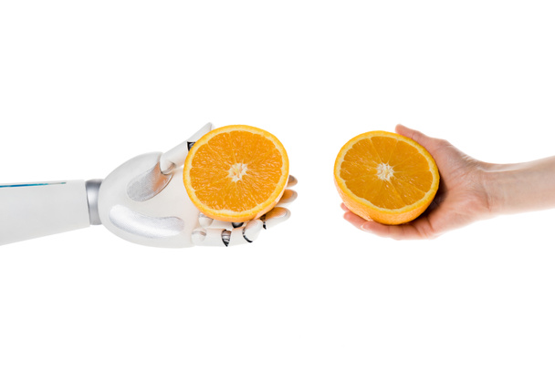 cropped shot of robot and human holding halves of orange isolated on white - 写真・画像