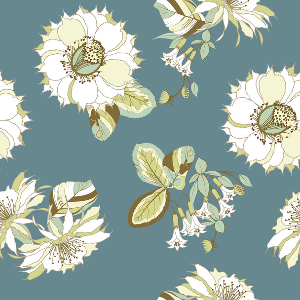 エキゾチックな花と熱帯の花飾りのシームレス パターンの織物印刷英国スタイルの壁紙の背景の葉します。ベクトル図. - ベクター画像