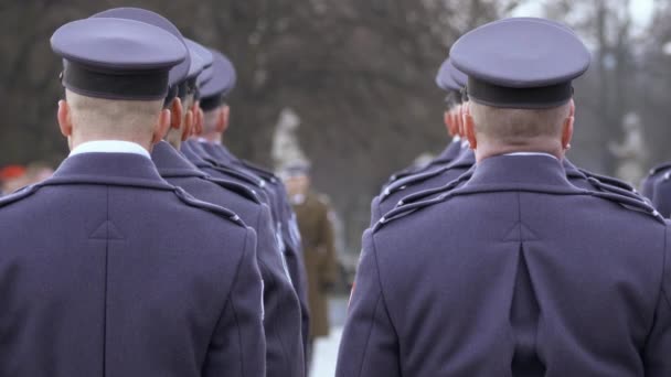 Dowódca daje nagrody dla żołnierzy w niebieskim mundurze, żołnierzy stanąć plecami do kamery. - Materiał filmowy, wideo