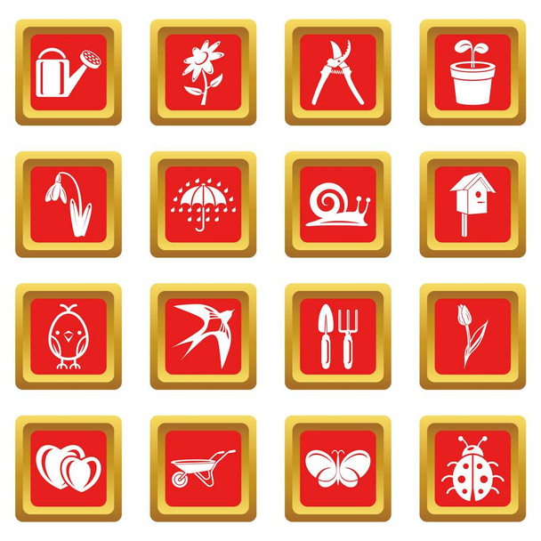 Spring icons set red square vector - Vector, Image