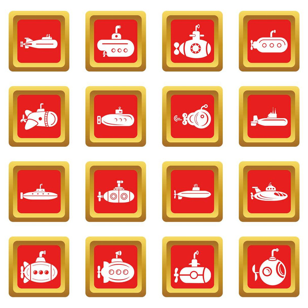Submarine icons set red square vector - Vector, Image