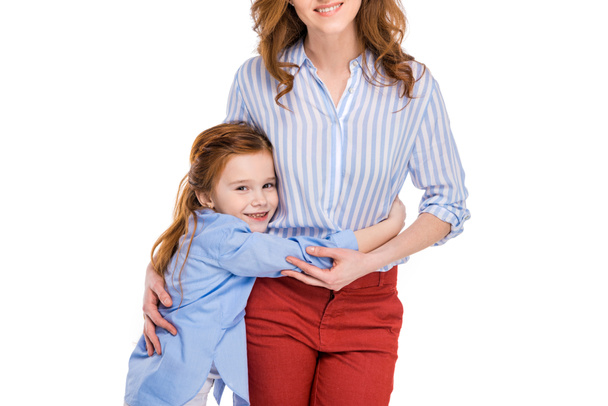 cropped shot of happy redhead mother and daughter hugging isolated on white - Fotografie, Obrázek