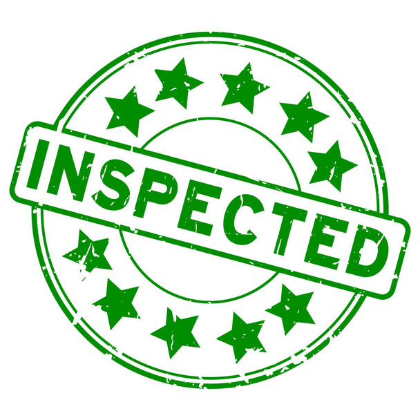 Grunge green inspected with star icon round rubber seal stamp on white background - Vector, Image