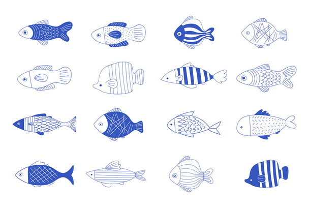 Simple, elegant and stylish collection of modern hand drawn fish illustrations, logos, design - Vektor, Bild