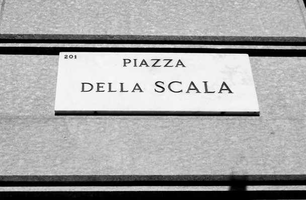 Marble plaque of the Piazza della Scala in Milan - black and whi - Photo, Image
