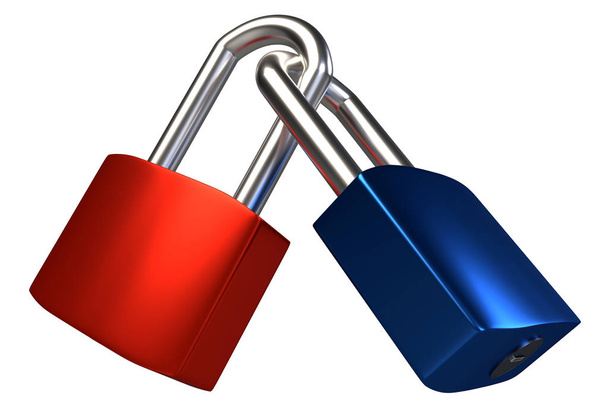 Two locked padlocks isolated on white background. 3D rendering - Photo, Image