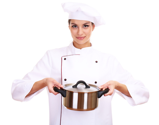 Portrait of young woman chef with pan isolated on white - Фото, зображення