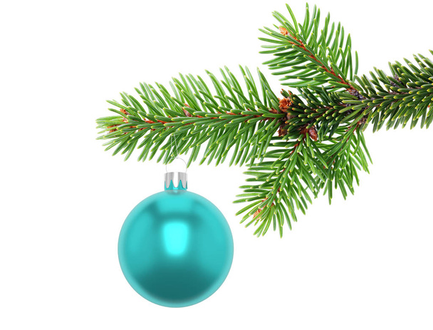 3D Illustration Closeup of a Turquoise Christmas ball ornament hanging from the edge of an evergreen tree branch, isolated on a white background. - Fotoğraf, Görsel