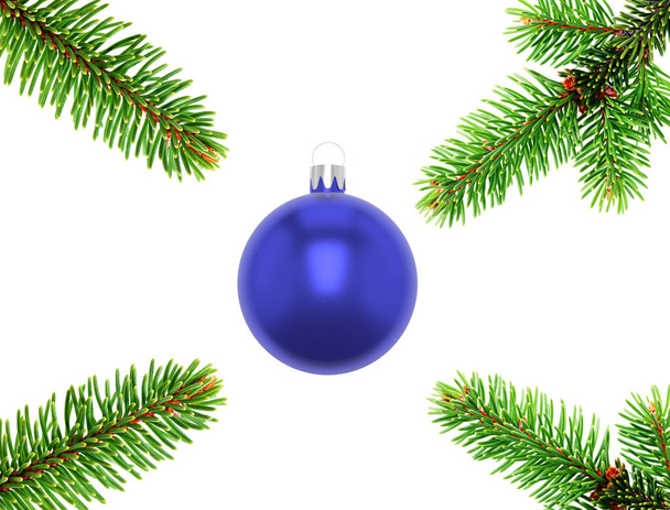 3D illustration. Four fir tree branches closeup showing needles arranged symmetrically around a blue bauble at the center of a rectangle, white background. - Fotoğraf, Görsel
