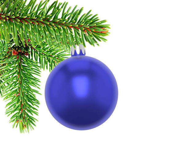 3D illustration. Closeup of blue bauble on branch of a Christmas tree showing needles, white background. - Fotoğraf, Görsel