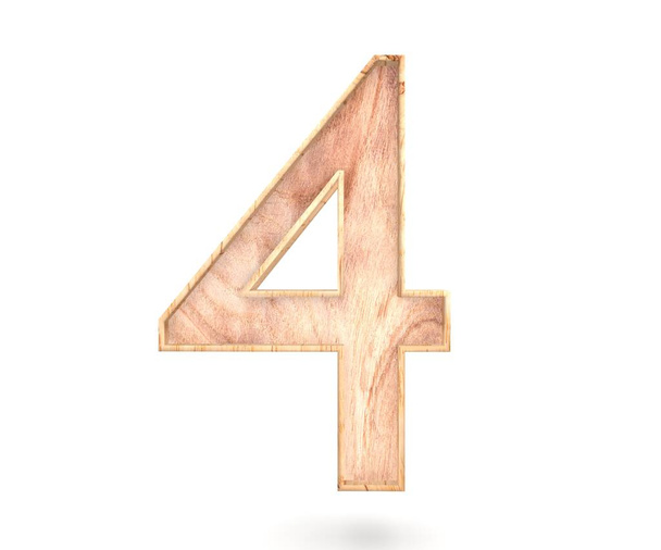 Decorative wooden alphabet digit four symbol - 4. 3d rendering illustration. Isolated on white background - Foto, Imagen