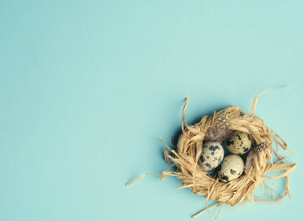 Quail eggs in a straw nest on the blue background - Foto, Imagem