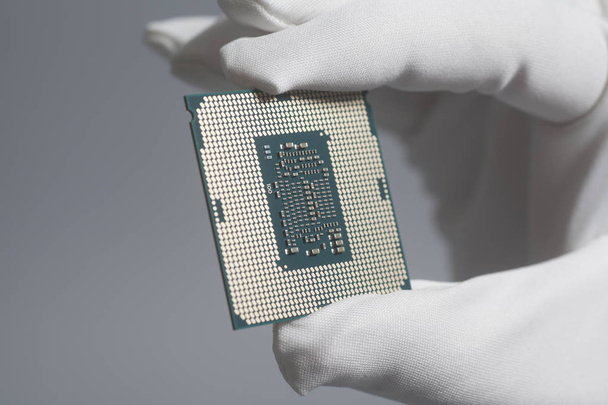Hand in white glove holding a CPU computer processor microchip - 写真・画像