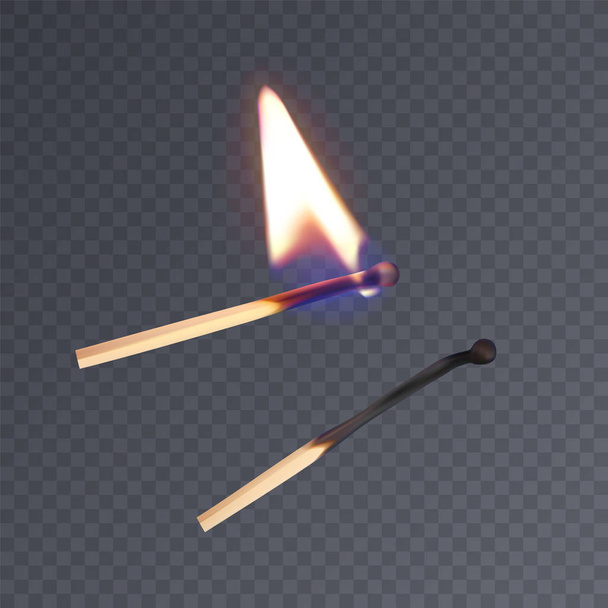 Realistic matches, lighted match and burned match. Vector illustration on dark background - Vector, Image