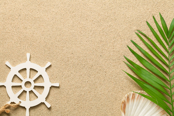 Summer Background with Green Palm Leaf, Decorative Ship Steering - Photo, image