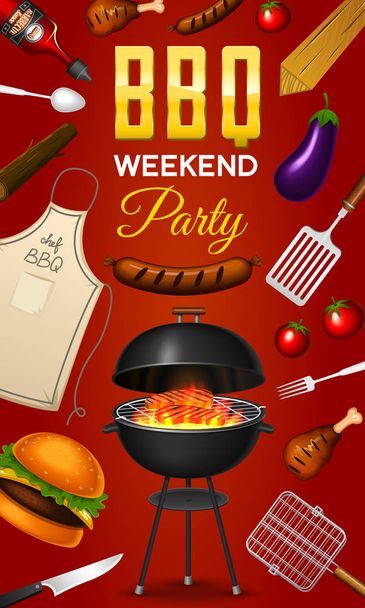 Barbecue grill elements set isolated on red background. BBQ party poster. Summer time. Meat restaurant at home. Charcoal kettle with tool, sauce and foods. Kitchen equipment for menu. Cooking outdoors - Vector, Image