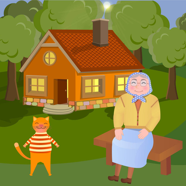 vektor iluustration: babička a její kočka sedí na lavičce na venkově - Vektor, obrázek
