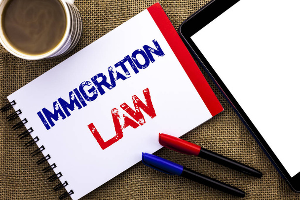 Handwriting text Immigration Law. Concept meaning National Regulations for immigrants Deportation rules written on Notebook Book on the jute background Tablet Coffee Cup and Pens next to it. - Photo, Image