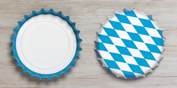 Octoberfest, Front and back view of beer caps with Bavaria flag isolated on wooden background, top view. 3d illustration - Photo, Image