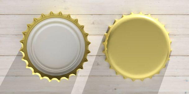 Front and back view of golden beer caps, isolated on wooden background, top view. 3d illustration - Photo, Image