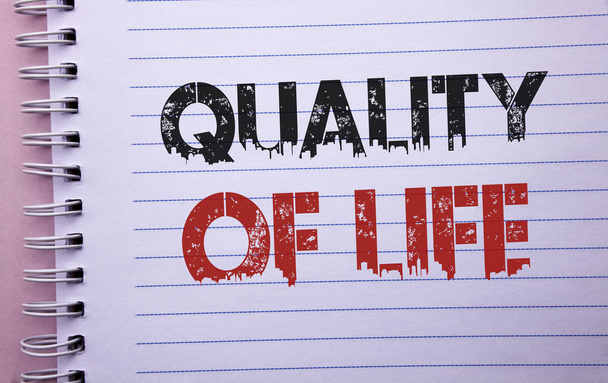 Word writing text Quality Of Life. Business concept for Good Lifestyle Happiness Enjoyable Moments Well-being written on Notebook Book on the plain background. - Photo, Image