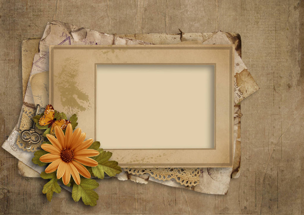 Grunge vintage background with old frame and flowers - 写真・画像