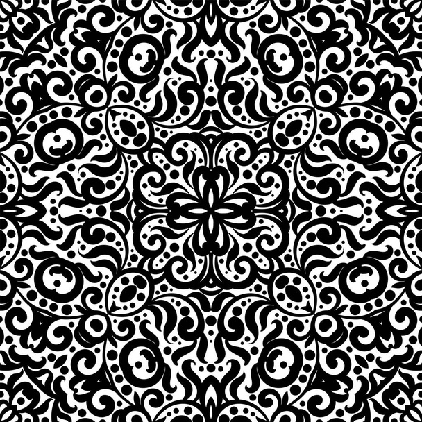 Černé a bílé vzor bezešvé s kudrlinkami, monochromatický složité pozadí. Domorodé etnické ornament, dekorativní opakující nekonečný dlaždice textury, východní vytříbený styl tapety nebo textury - Vektor, obrázek