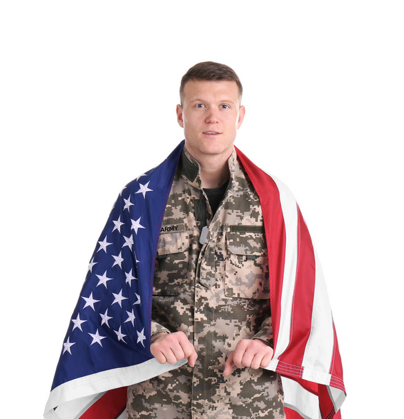 Male soldier with American flag on white background. Military service - Foto, imagen