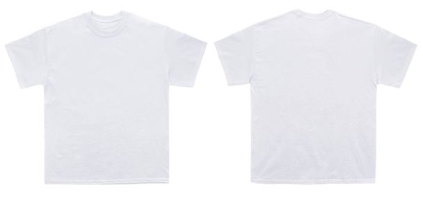 Blank T Camisa cor branca modelo frontal e traseira vista no fundo branco
 - Foto, Imagem