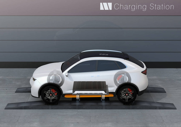 Скелетный вид аккумуляторной батареи электромобиля SUV на станции замены аккумуляторов. Быстрая замена батареи. 3D рендеринг изображений
. - Фото, изображение
