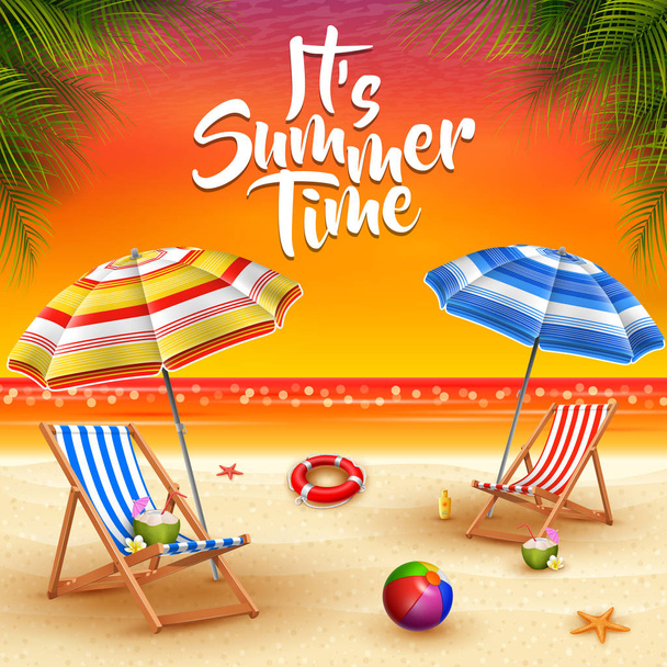 Summer holidays background. Umbrellas, desk chair, ball, lifebuoy, sunblock, starfish, and coconut cocktail on a sandy beach - Vektor, obrázek