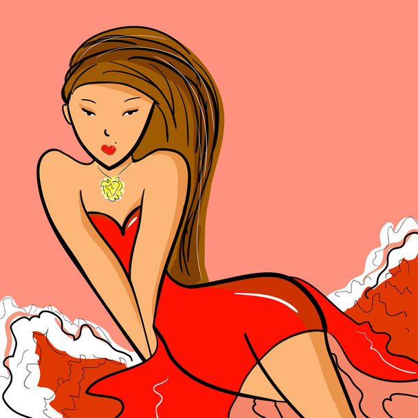 Asian woman in gorgeous red dress - Vector, Imagen