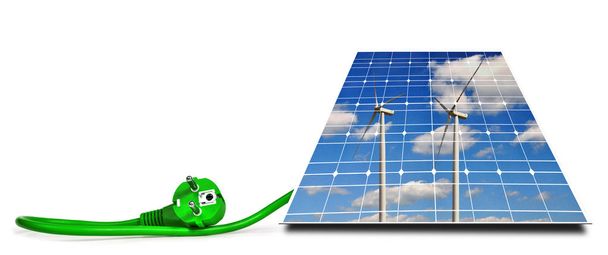 Reflexão de turbinas eólicas no painel solar com tomada elétrica verde isolada em um fundo branco. Conceito de energia limpa
. - Foto, Imagem