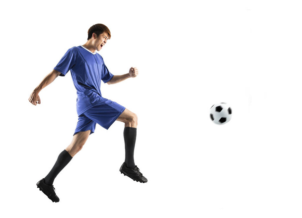 ποδοσφαιριστής σε λευκό φόντο δράση απομονωμένες - Φωτογραφία, εικόνα