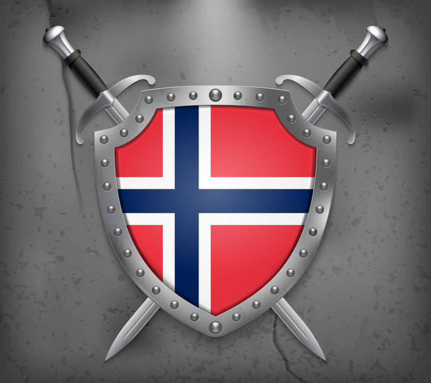 Bandera de Noruega. El Escudo con Bandera Nacional. Dos Espadas Cruzadas
 - Vector, imagen