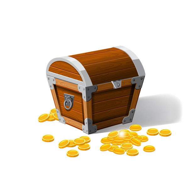 Baús de tronco pirático com moedas de ouro tesouros. .. Ilustração vetorial. Estilo catyoon, isolado
 - Vetor, Imagem