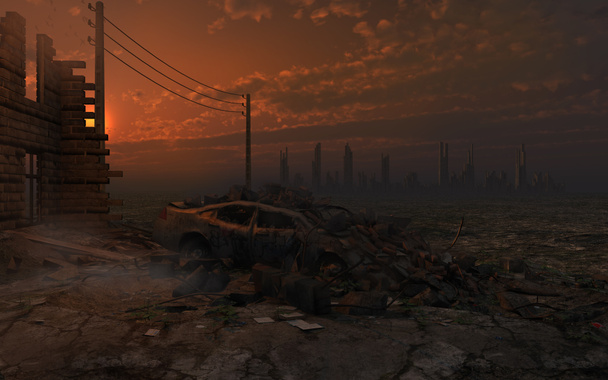 Paisagem pós-apocalíptica com ruínas
 - Foto, Imagem