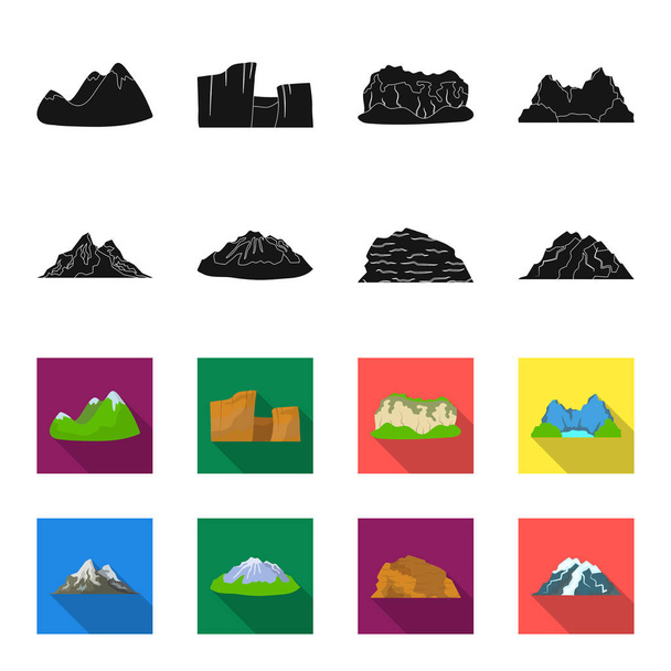 Mountains in the desert, a snowy peak, an island with a glacier, a snow-capped mountain. Different mountains set collection icons in black,flet style vector symbol stock illustration web. - ベクター画像
